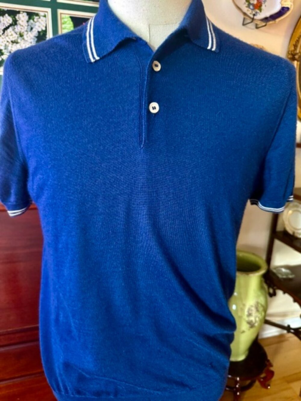 Fedeli of Italy-luxury Cashmere & Silk Blend Polo, Navy/white accents, Excellent